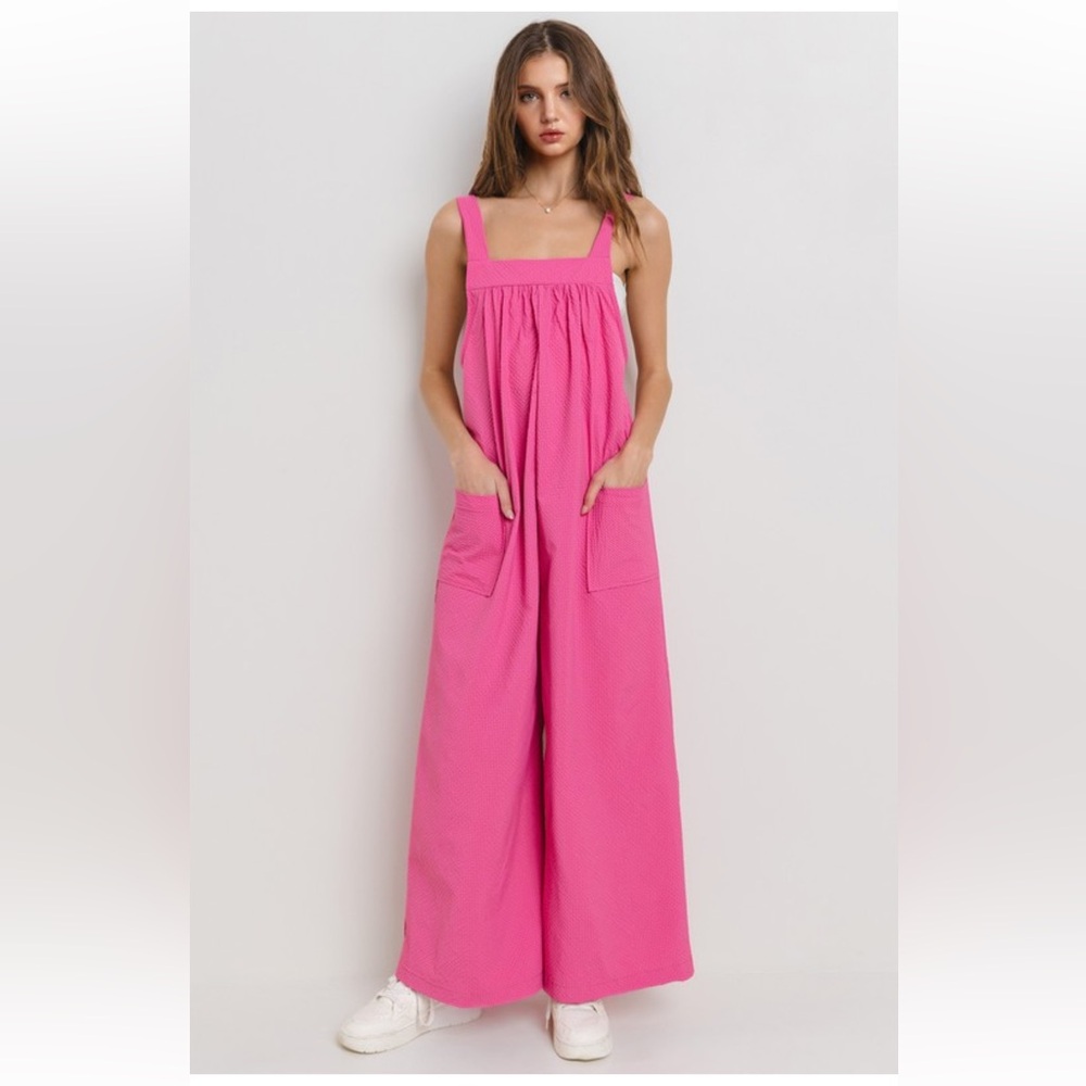 15 Boho Textured Tie Back Wide Leg Jumpsuit